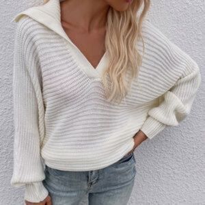 White V neck Collar Knit Sweater Top Minimalist y2k